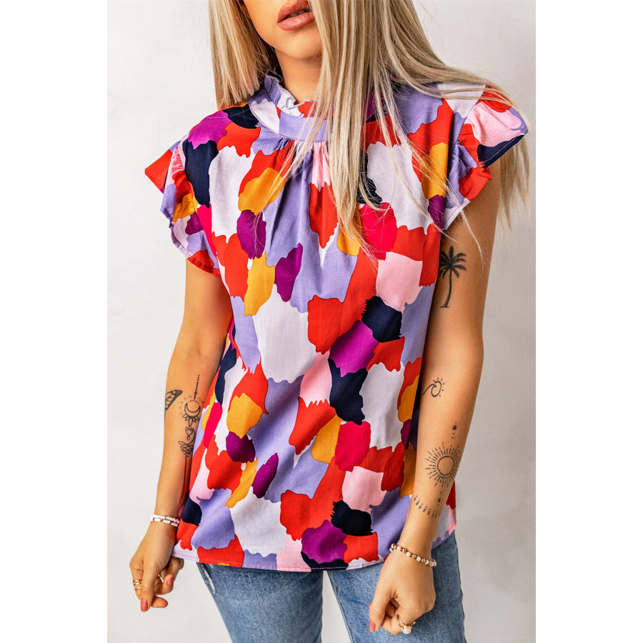 Printed Flutter Sleeve Frill Neck Top Apparel and Accessories