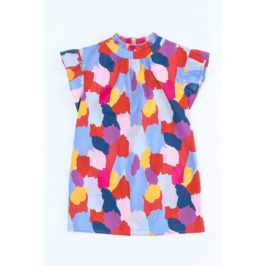 Printed Flutter Sleeve Frill Neck Top Apparel and Accessories