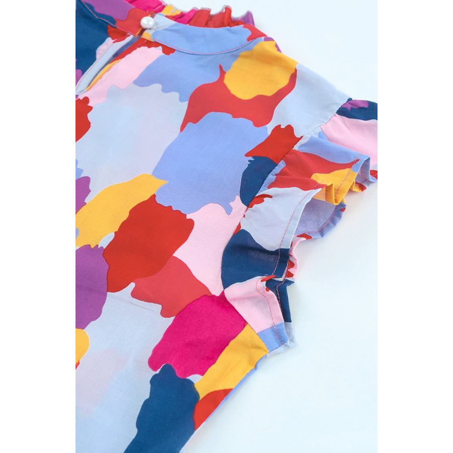 Printed Flutter Sleeve Frill Neck Top Apparel and Accessories
