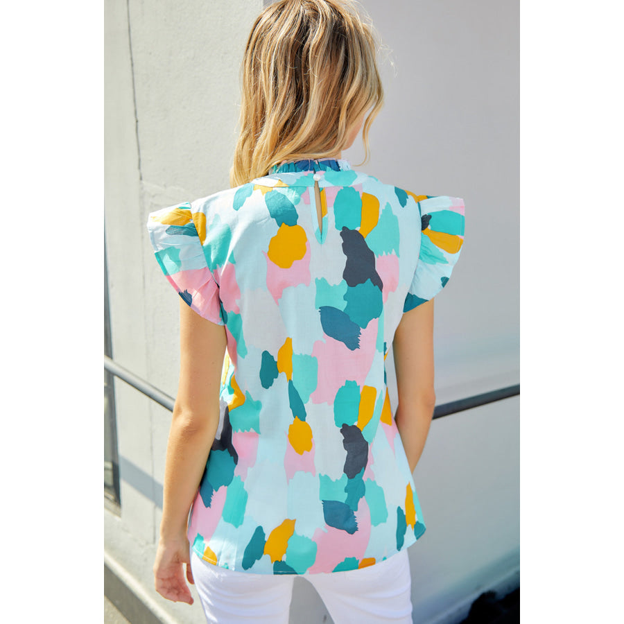 Printed Flutter Sleeve Frill Neck Top Mint Blue / S Apparel and Accessories
