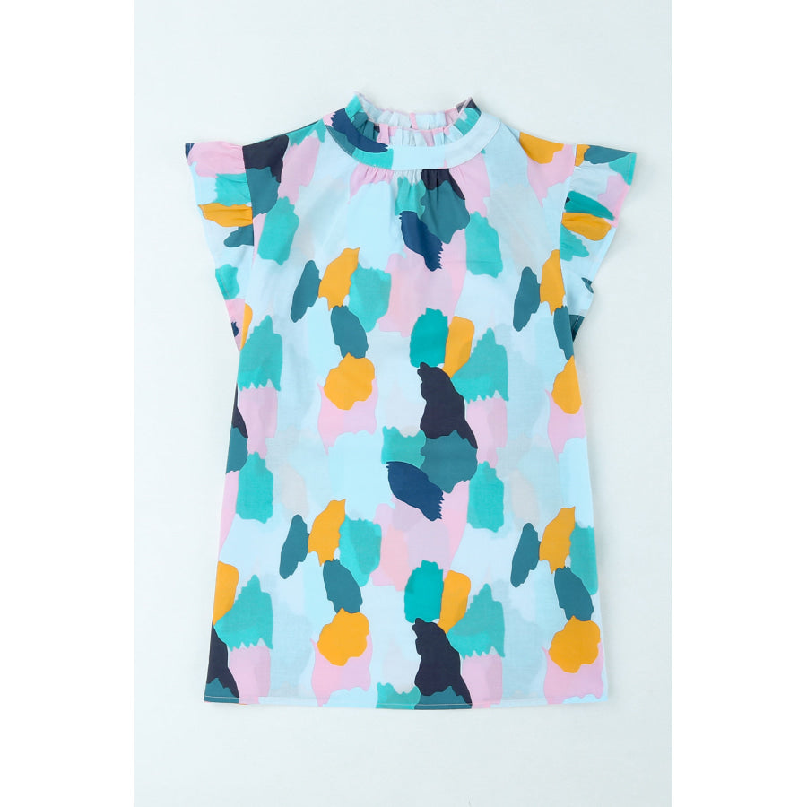 Printed Flutter Sleeve Frill Neck Top Apparel and Accessories