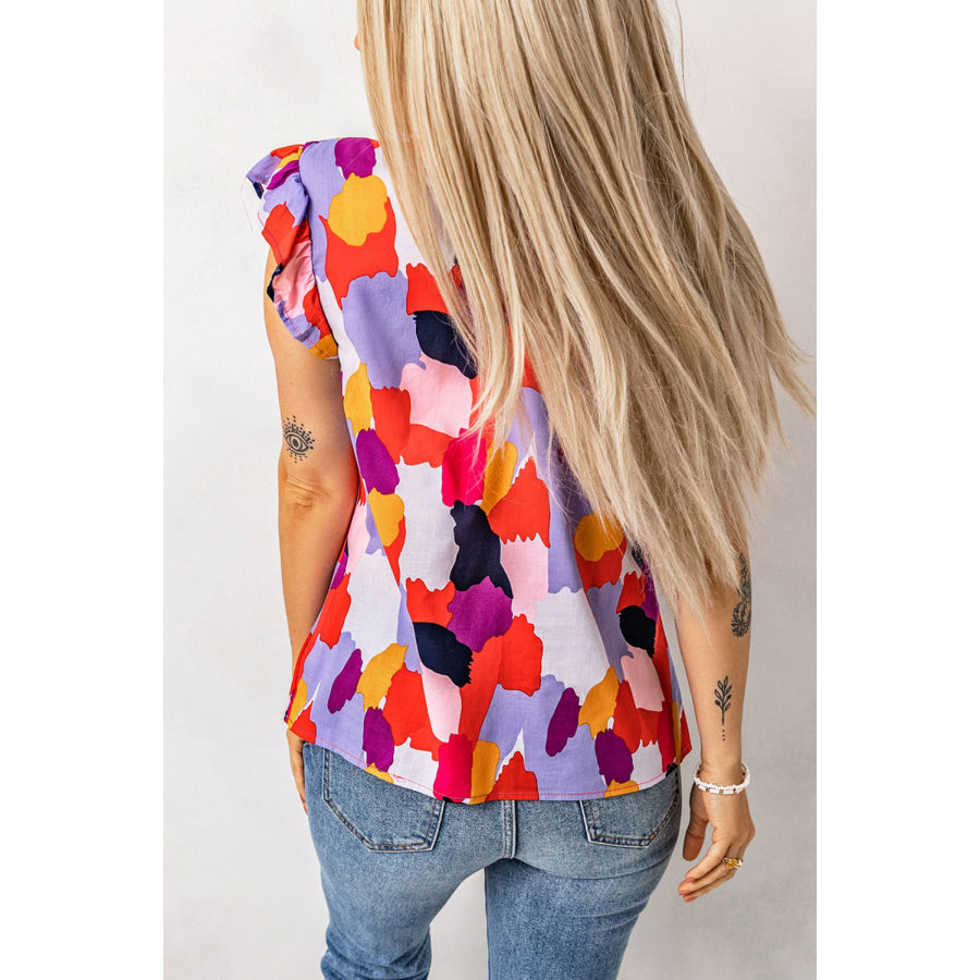 Printed Flutter Sleeve Frill Neck Top Apparel and Accessories