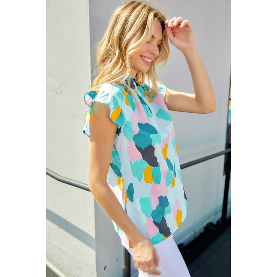Printed Flutter Sleeve Frill Neck Top Apparel and Accessories