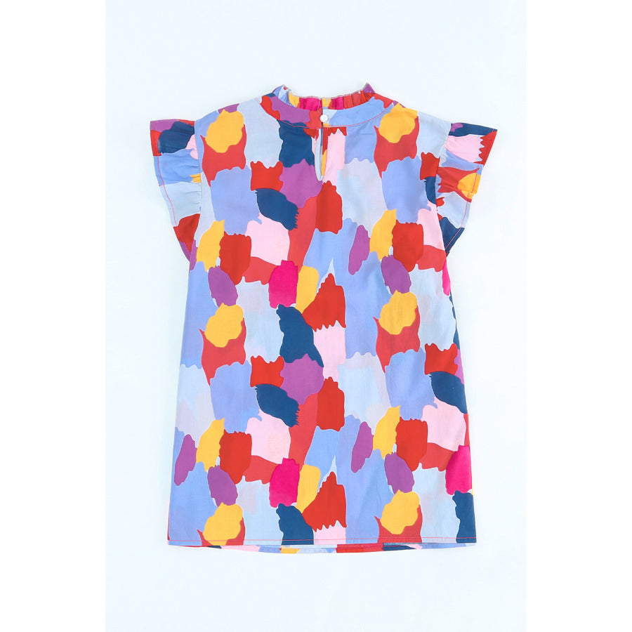 Printed Flutter Sleeve Frill Neck Top Apparel and Accessories