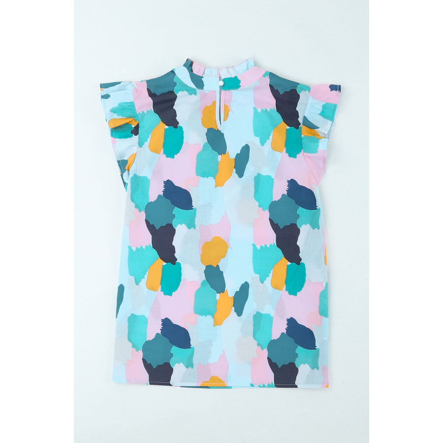 Printed Flutter Sleeve Frill Neck Top Apparel and Accessories