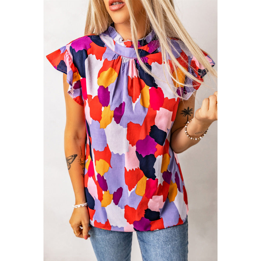 Printed Flutter Sleeve Frill Neck Top Red / M Apparel and Accessories