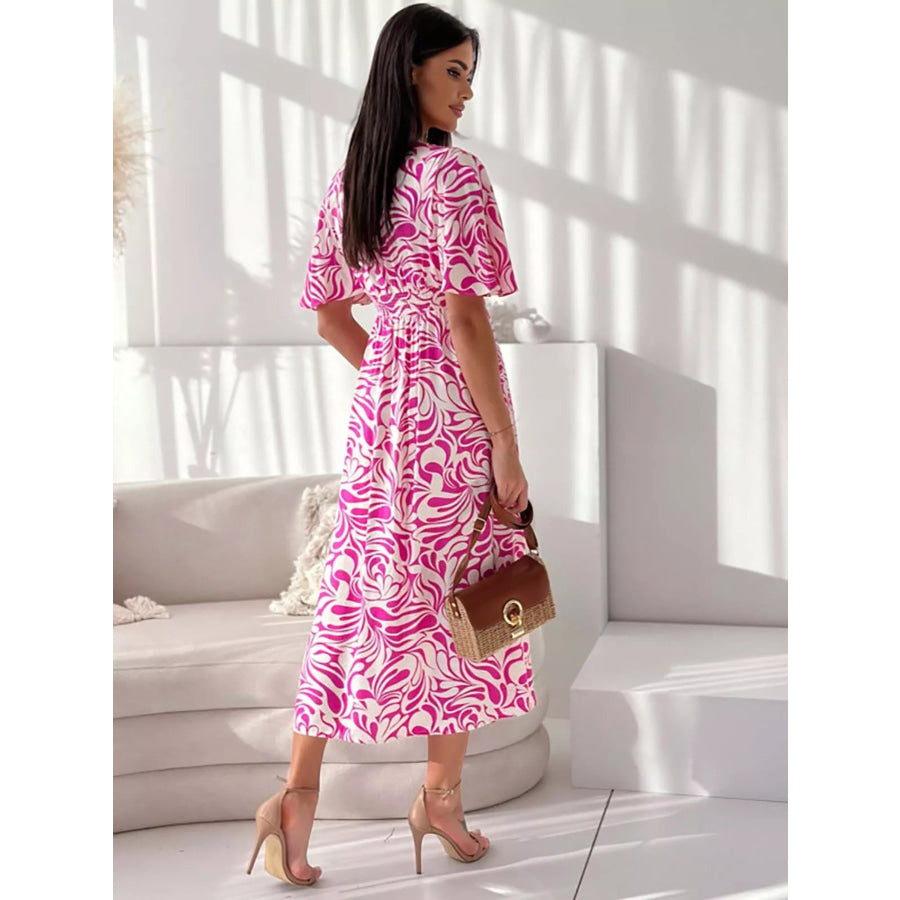 Printed Flutter Sleeve Midi Dress Apparel and Accessories