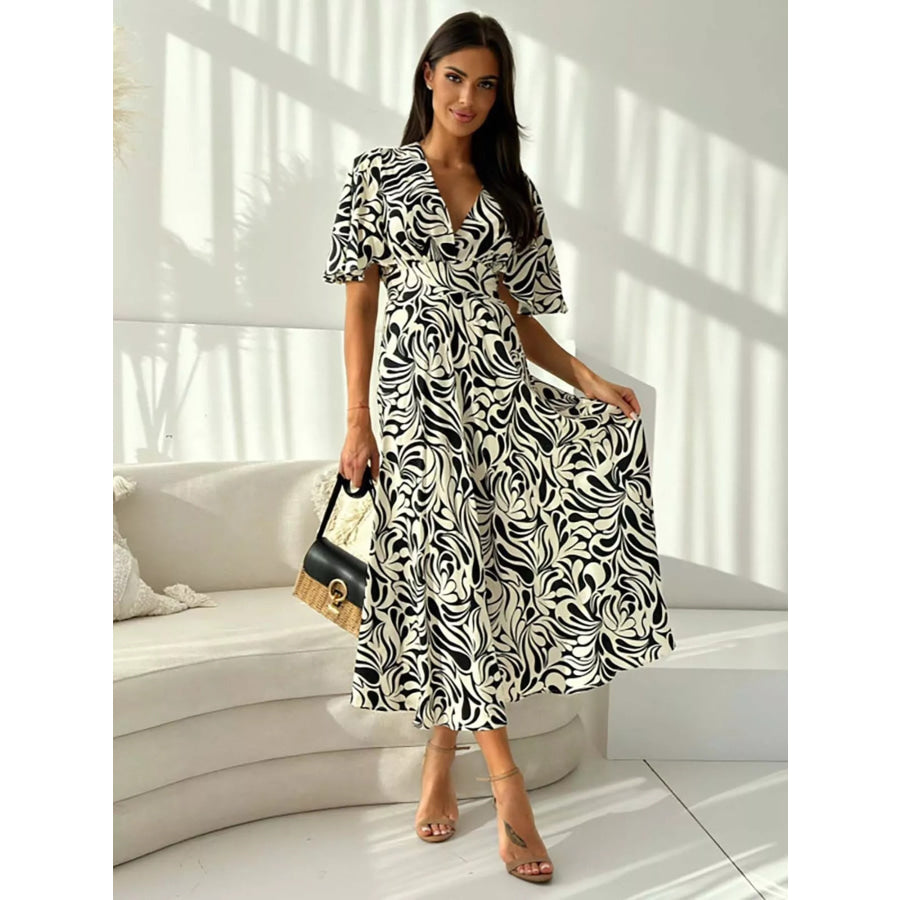 Printed Flutter Sleeve Midi Dress Apparel and Accessories