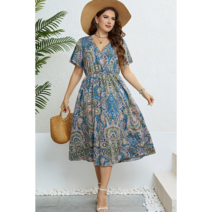 Printed Flutter Sleeve Midi Dress Multicolor / 1X