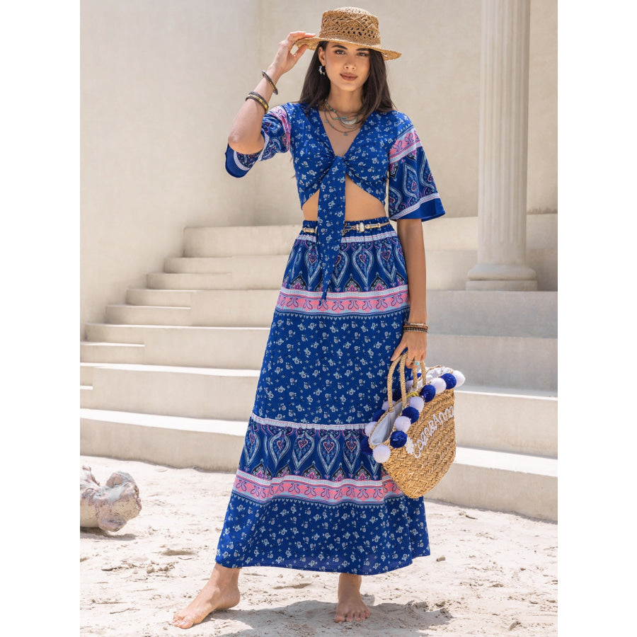 Printed Flutter Sleeve Top and Skirt Set Apparel and Accessories