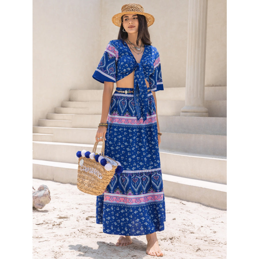 Printed Flutter Sleeve Top and Skirt Set Apparel and Accessories