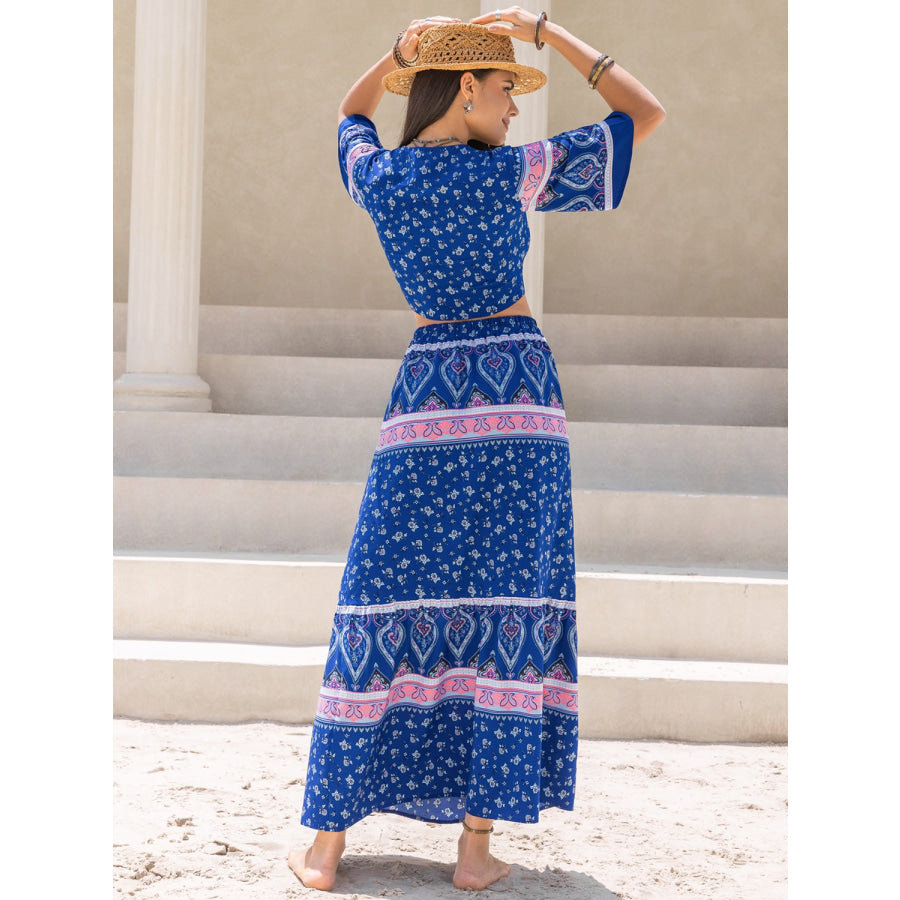 Printed Flutter Sleeve Top and Skirt Set Apparel and Accessories