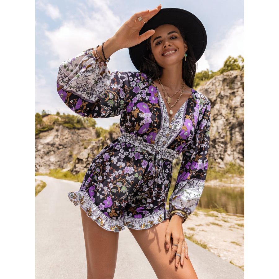 Printed Frill Half Button Balloon Sleeve Romper Apparel and Accessories