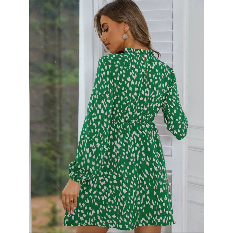 Printed Frill Neck Long Sleeve Dress