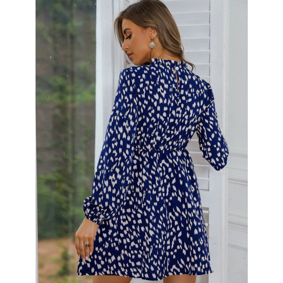 Printed Frill Neck Long Sleeve Dress