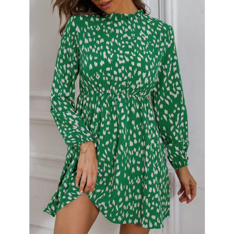 Printed Frill Neck Long Sleeve Dress