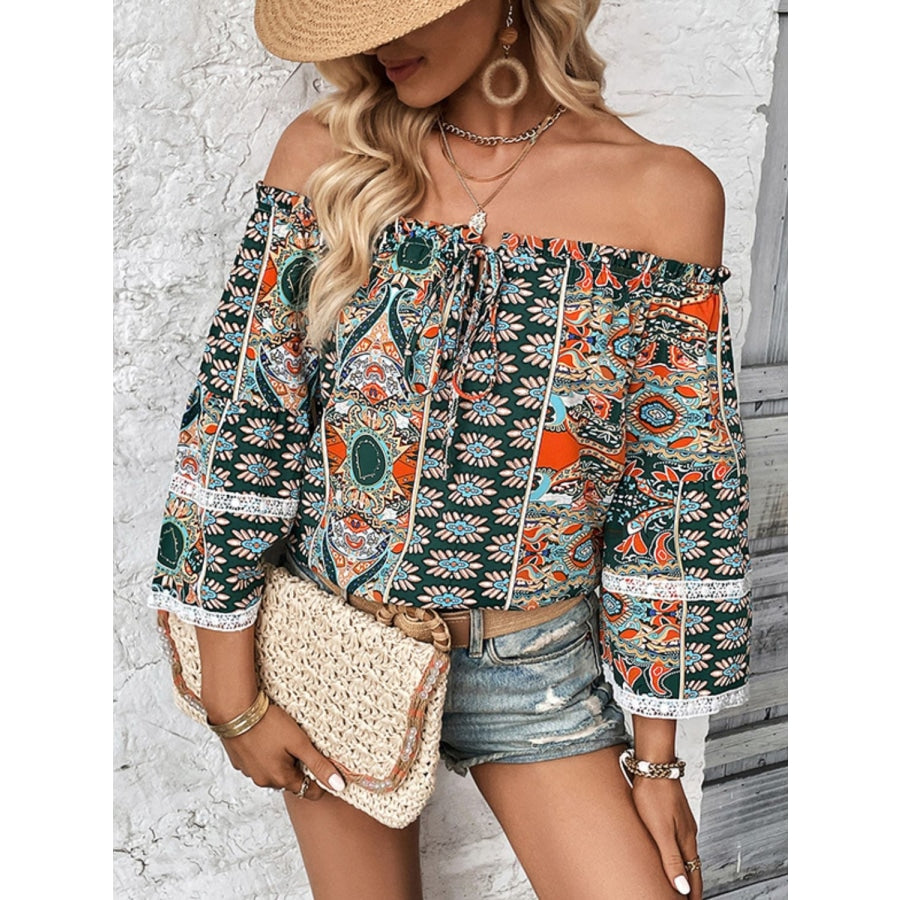 Printed Frill Trim Off-Shoulder Blouse