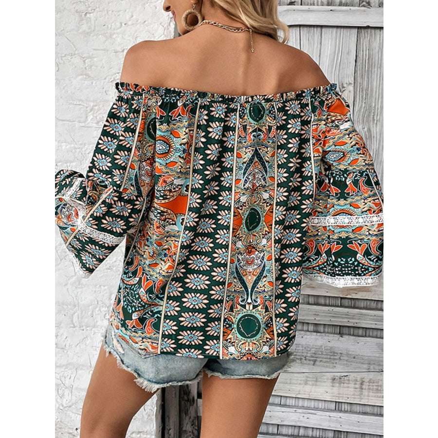 Printed Frill Trim Off-Shoulder Blouse