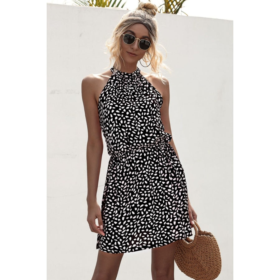 Printed Grecian Neck Mini Dress Black / S