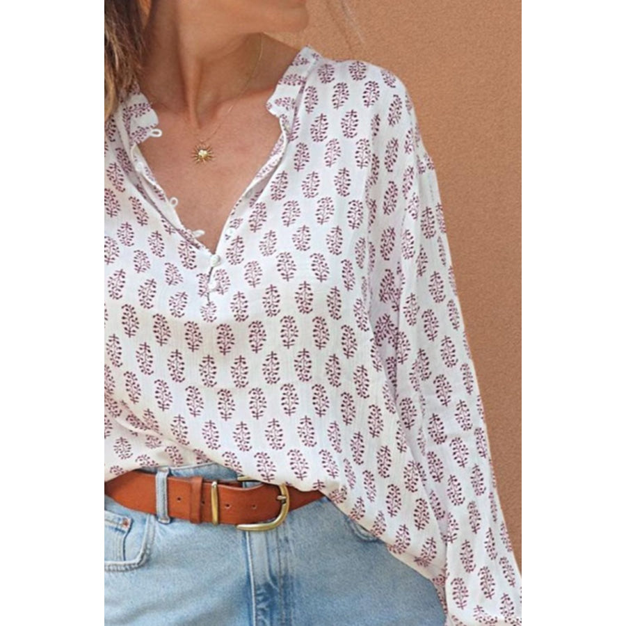 Printed Half Button Long Sleeve Blouse Apparel and Accessories