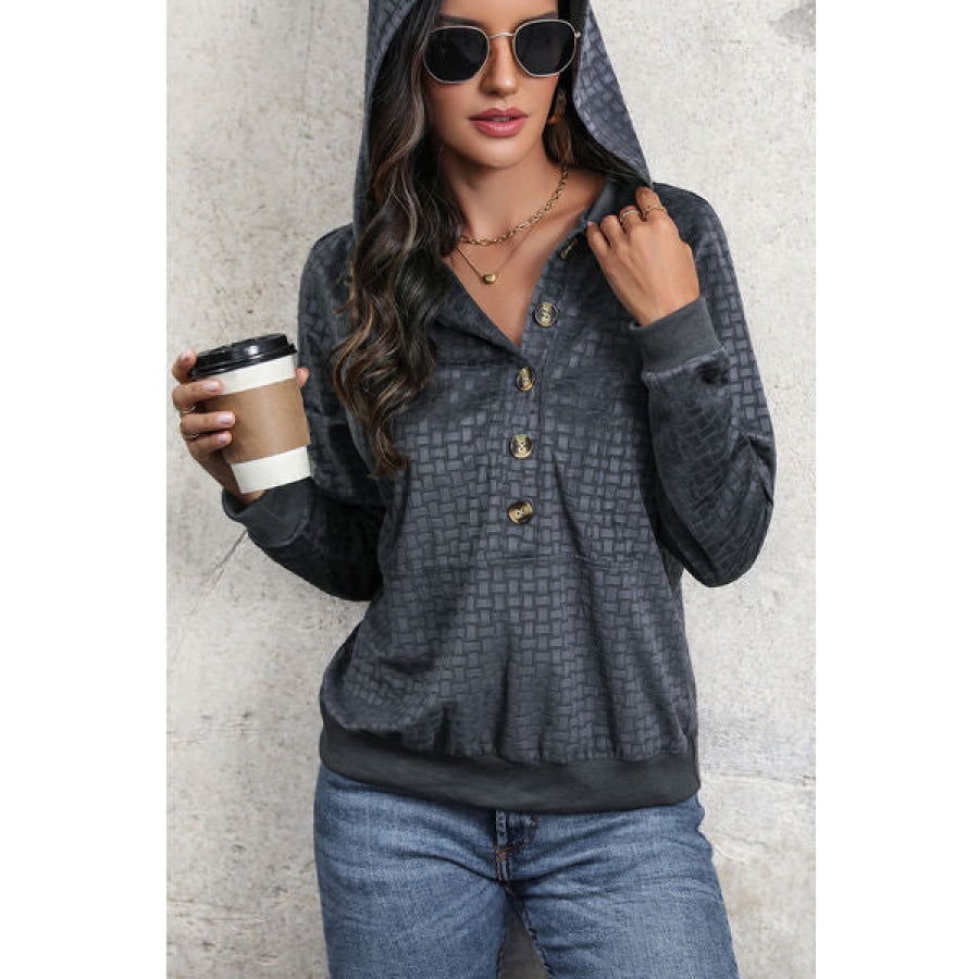 Printed Half Button Long Sleeve Hoodie Clothing