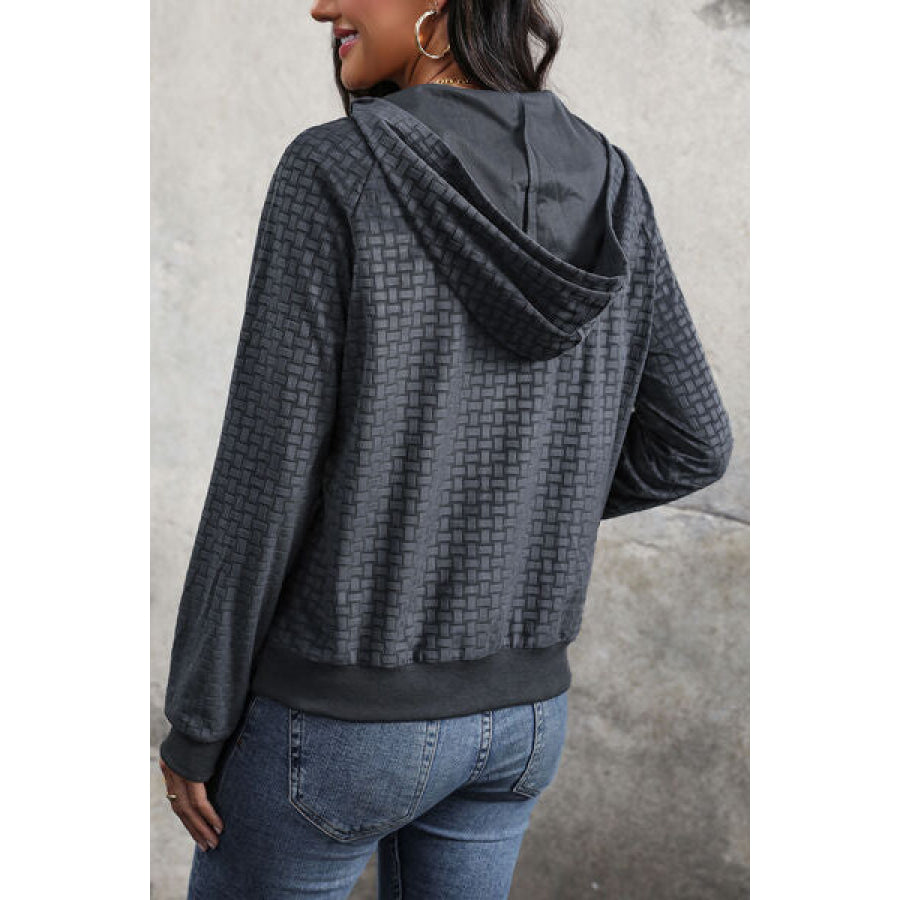 Printed Half Button Long Sleeve Hoodie Navy / S Clothing