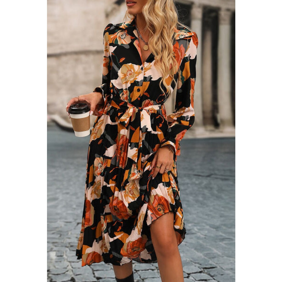 Printed Half Button Tie-Waist Pleated Dress Clothing