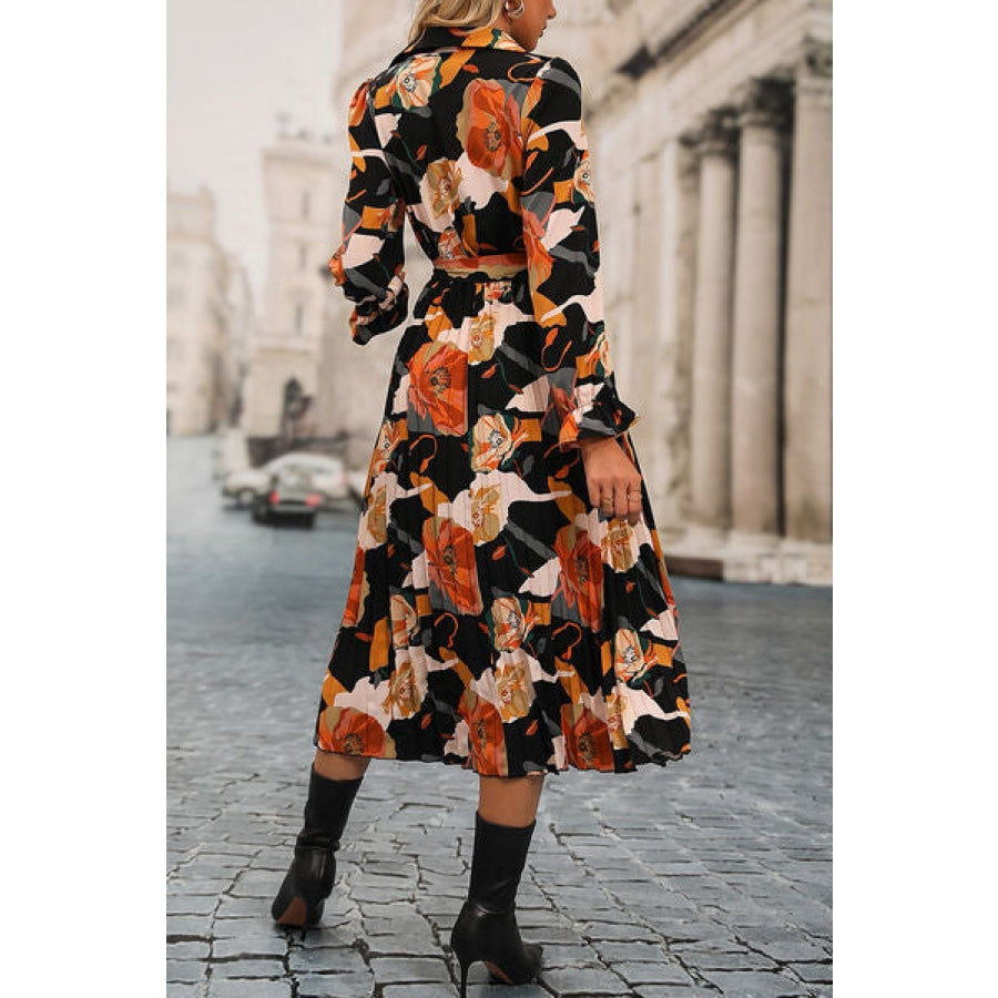 Printed Half Button Tie-Waist Pleated Dress Multicolor / S Clothing