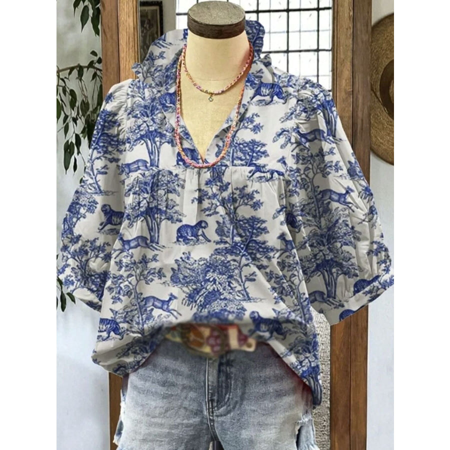 Printed Half Sleeve Blouse Light Indigo / S Apparel and Accessories