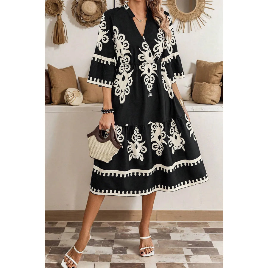 Printed Half Sleeve Knee Length Dress Black / L Apparel and Accessories