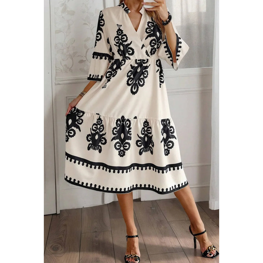 Printed Half Sleeve Knee Length Dress Ivory / S Apparel and Accessories