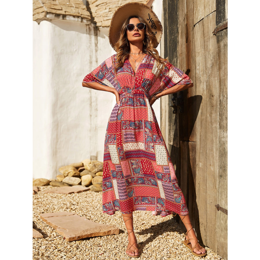 Printed Half Sleeve Midi Dress Red Orange / XS Apparel and Accessories