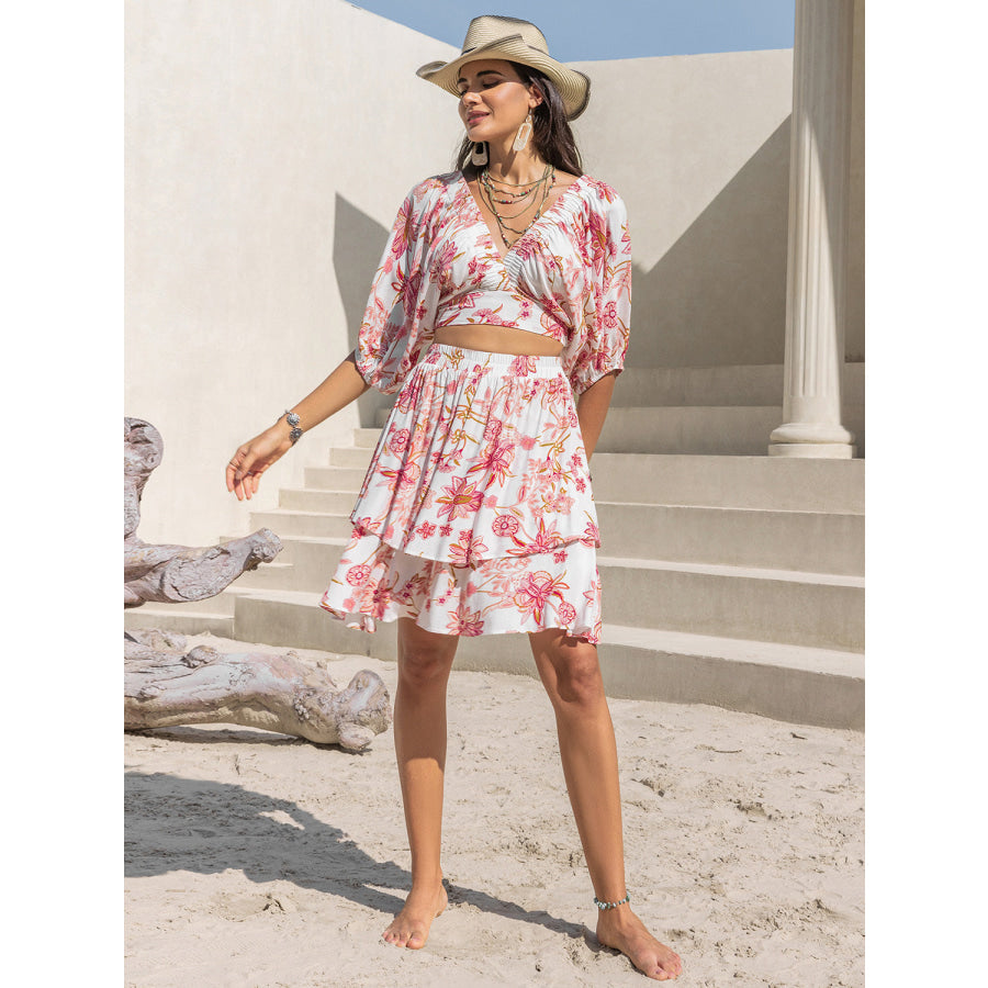 Printed Half Sleeve Top and Layered Skirt Set Apparel and Accessories