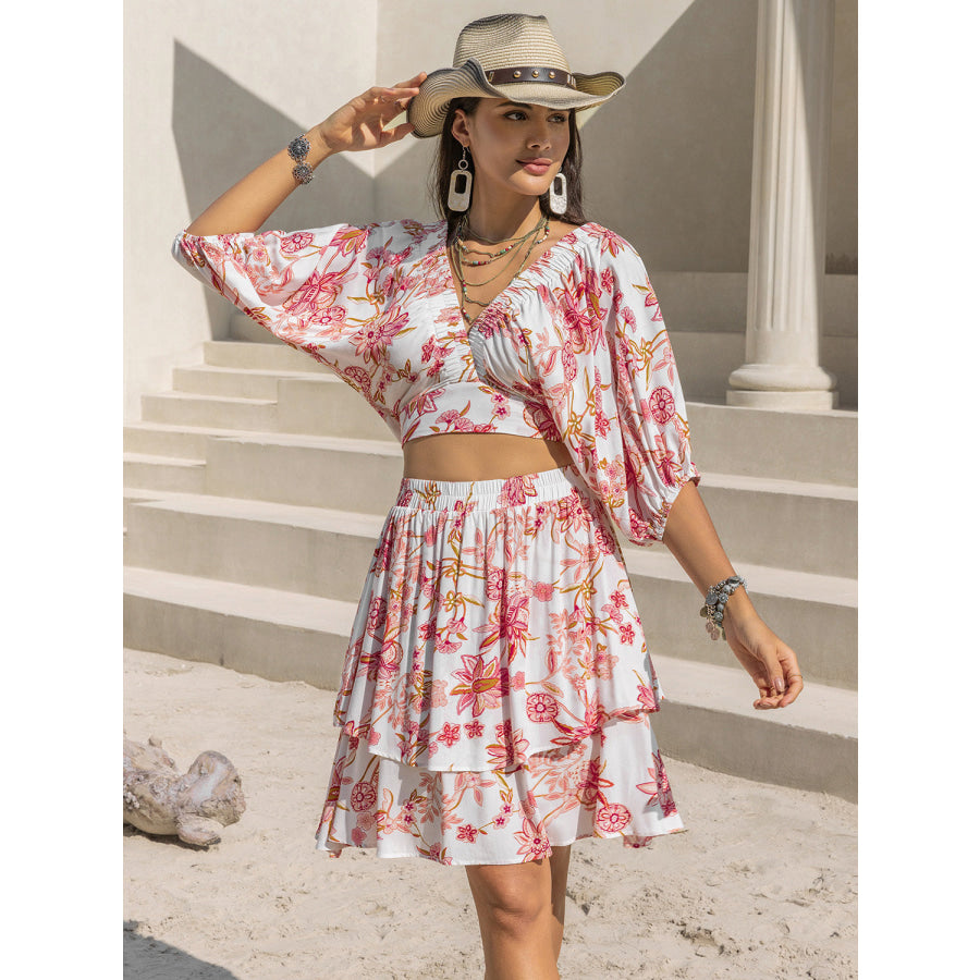 Printed Half Sleeve Top and Layered Skirt Set Apparel and Accessories