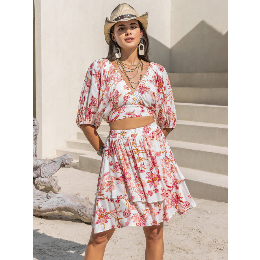 Printed Half Sleeve Top and Layered Skirt Set Apparel and Accessories