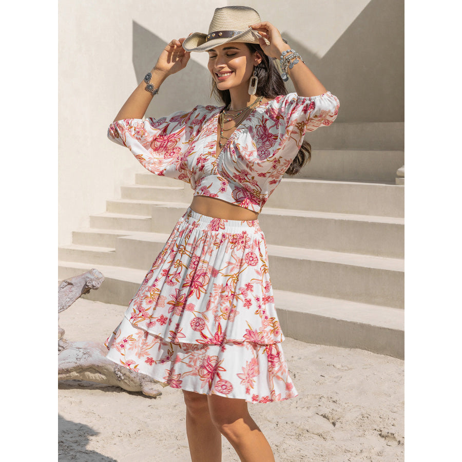 Printed Half Sleeve Top and Layered Skirt Set Blush Pink / S Apparel and Accessories