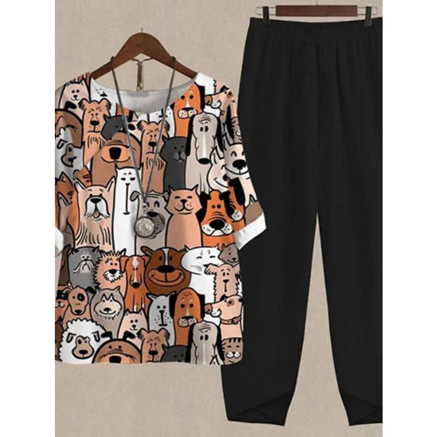 Printed Half Sleeve Top and Pants Set Black / S Apparel and Accessories
