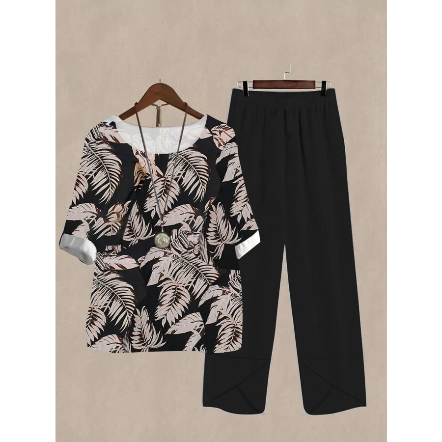 Printed Half Sleeve Top and Pants Set Black / S Apparel and Accessories