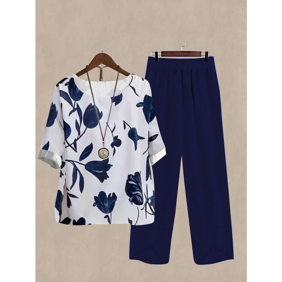 Printed Half Sleeve Top and Pants Set Dark Blue / S Apparel and Accessories