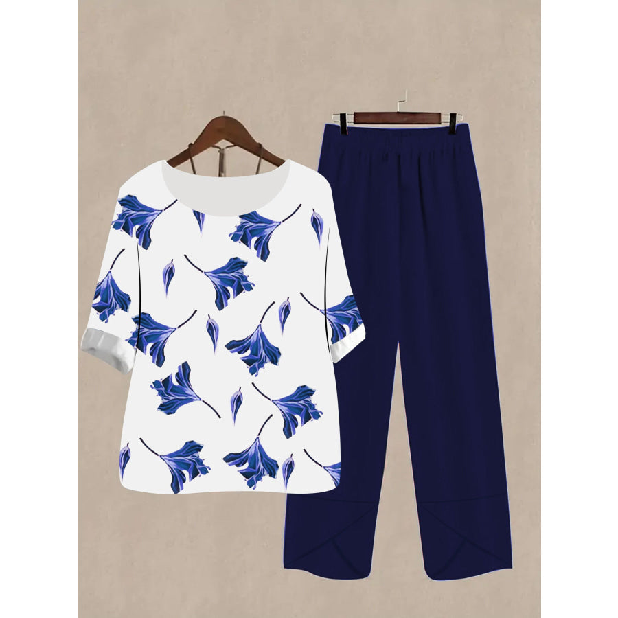 Printed Half Sleeve Top and Pants Set Dark Blue / S Apparel and Accessories