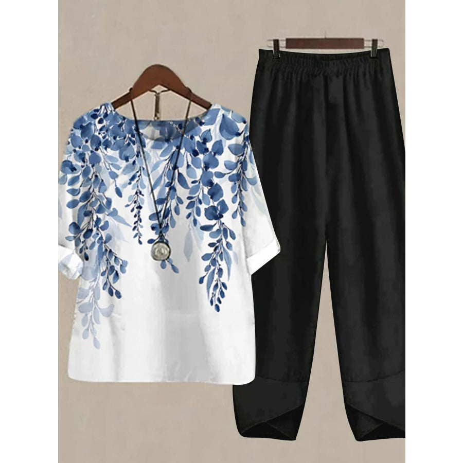 Printed Half Sleeve Top and Pants Set Dusty Blue / S Apparel and Accessories