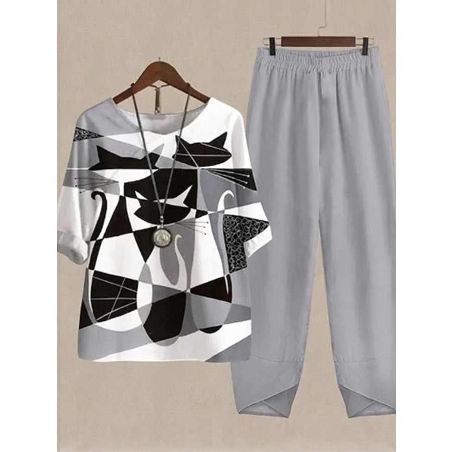 Printed Half Sleeve Top and Pants Set Gray / S Apparel and Accessories