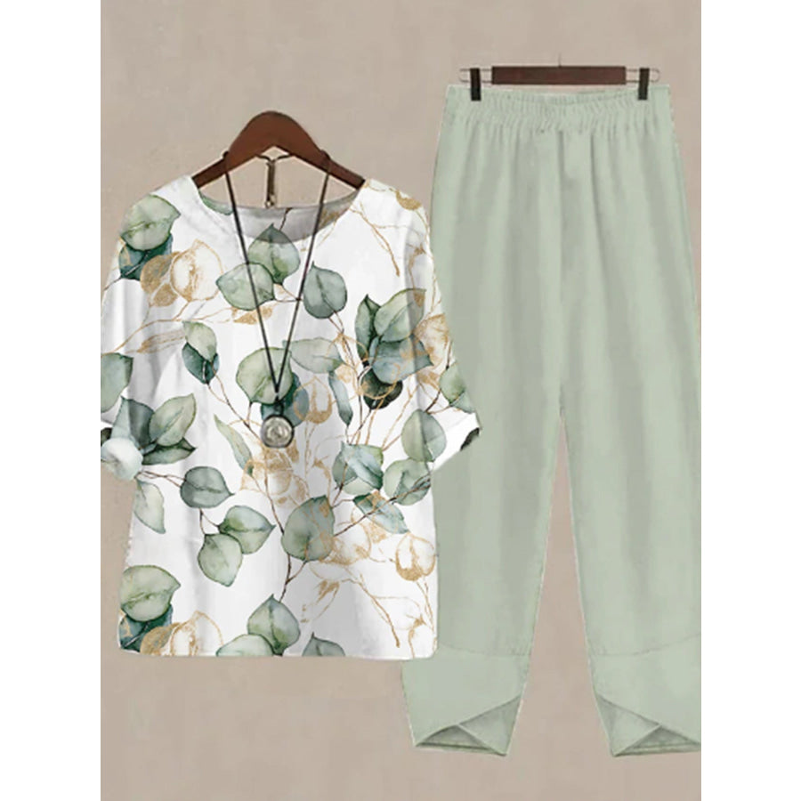 Printed Half Sleeve Top and Pants Set Gum Leaf / S Apparel and Accessories