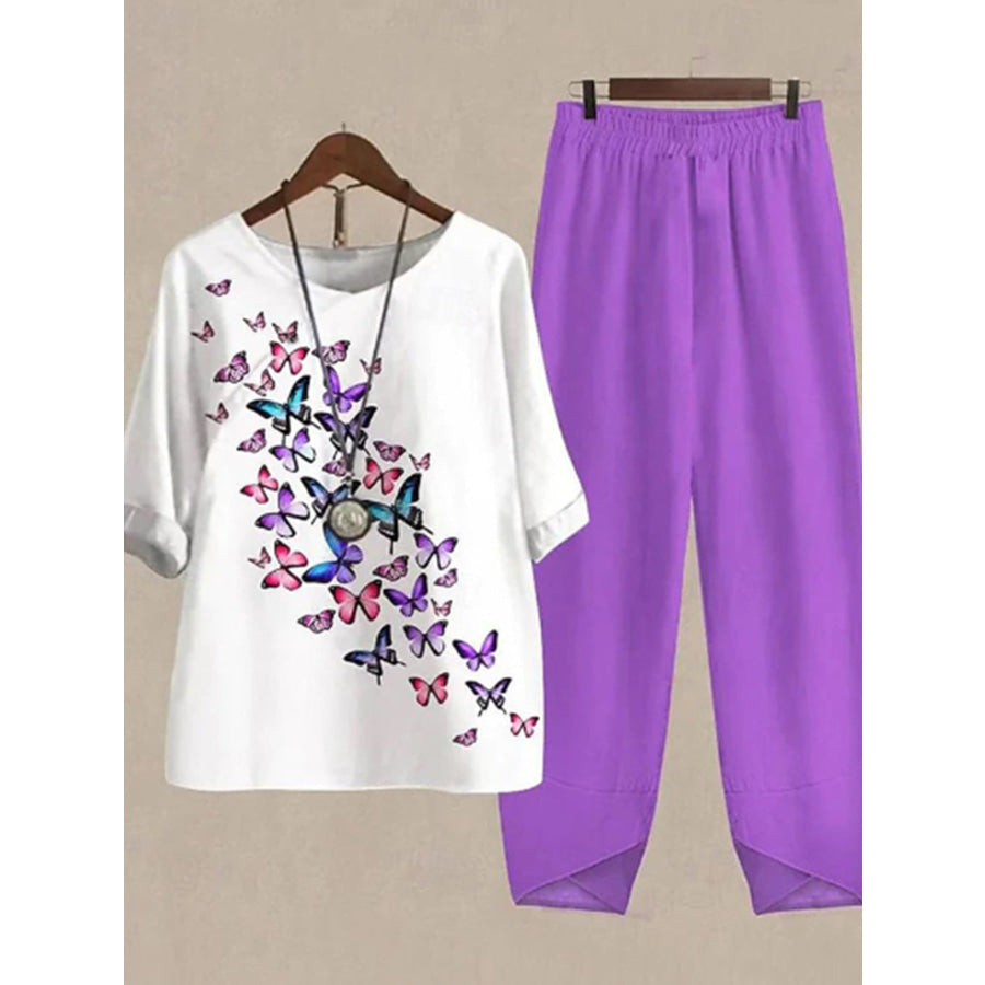 Printed Half Sleeve Top and Pants Set Heliotrope Purple / S Apparel and Accessories