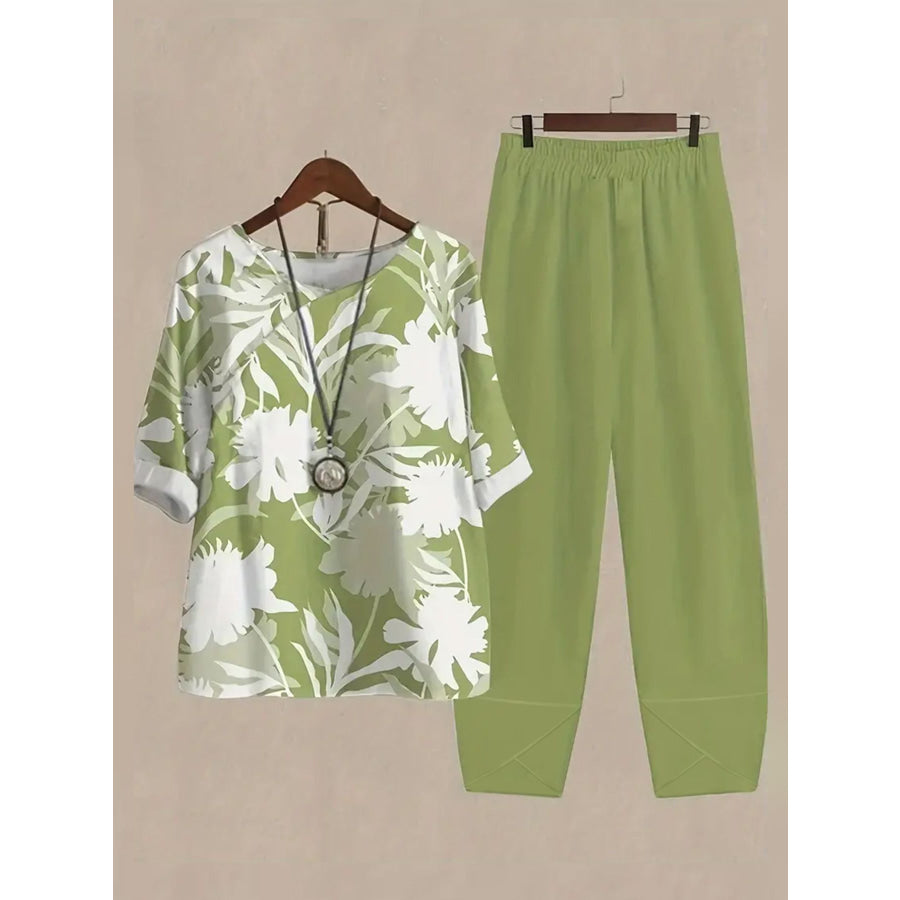 Printed Half Sleeve Top and Pants Set Lime / S Apparel and Accessories