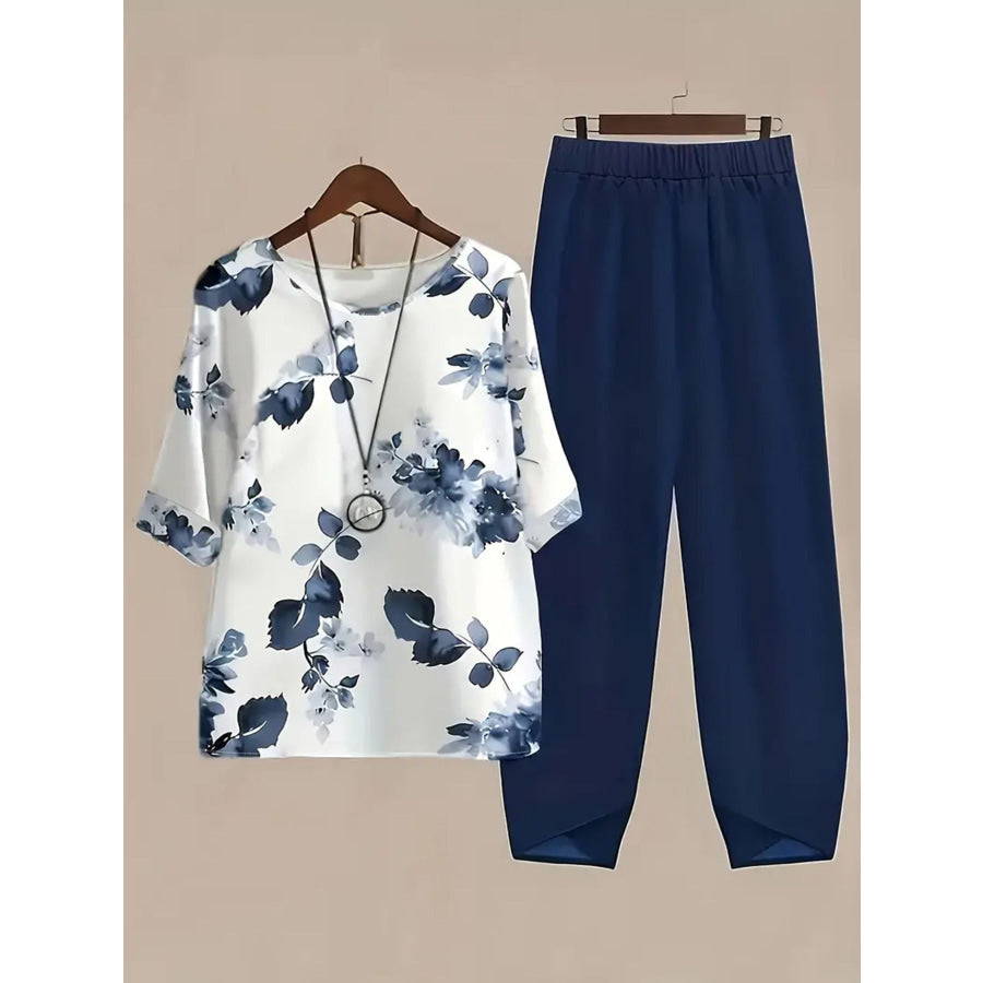 Printed Half Sleeve Top and Pants Set Peacock Blue / S Apparel and Accessories