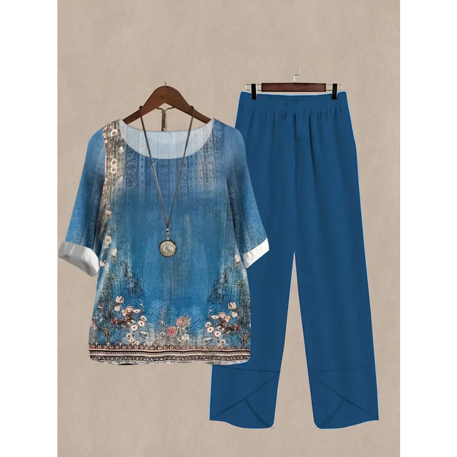 Printed Half Sleeve Top and Pants Set Peacock Blue / S Apparel and Accessories