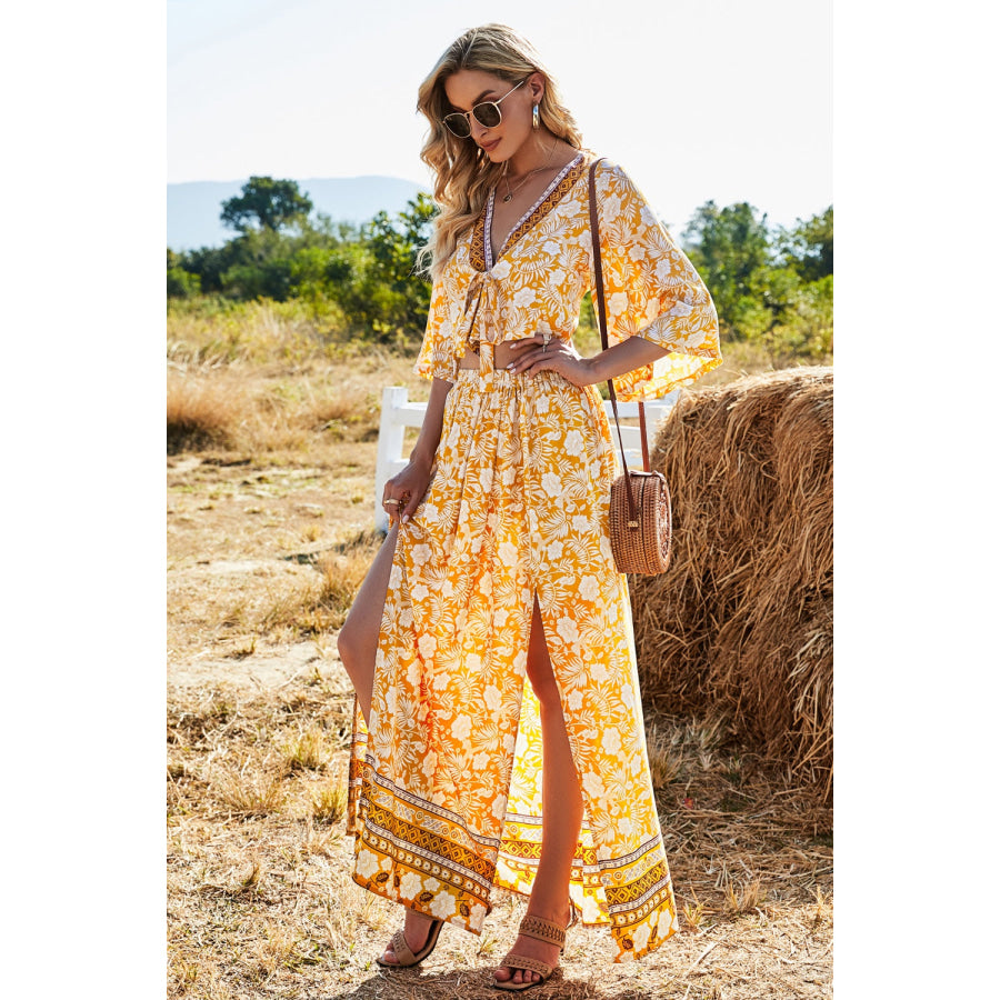 Printed Half Sleeve Top and Slit Skirt Set Sherbet / S Apparel Accessories