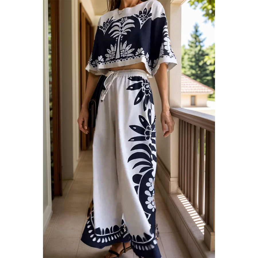 Printed Half Sleeve Top and Wide Leg Pants Set White / S Apparel and Accessories