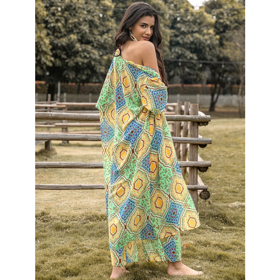 Printed Half Sleeve Top and Wide Leg Pants Set Gum Leaf / S Apparel and Accessories